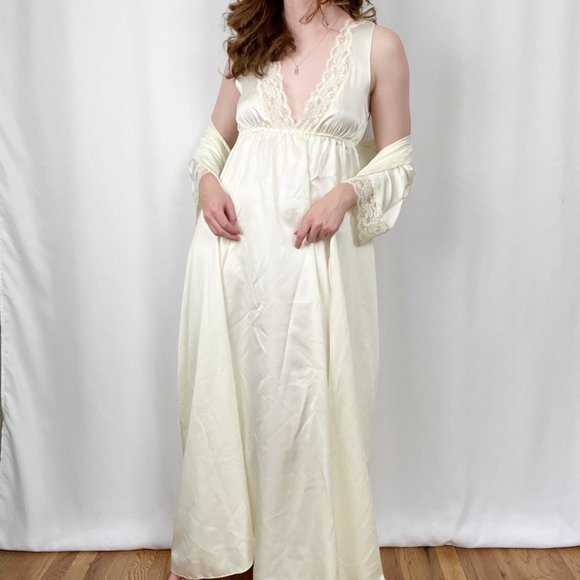 Vintage Silky Nightgown Maxi Slip Dress Set House Coat Robe Mid Century Pajamas - Picture 9 of 9